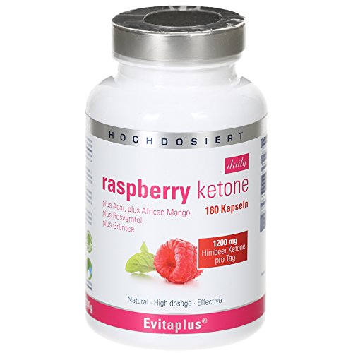Raspberry Ketone DAILY, 1.200 mg, 180 Kapsel, PLUS Acai, African Mango, Resveratol, Green tee, Fatburner – Höchstdosierte Premium Qualität, Veganer