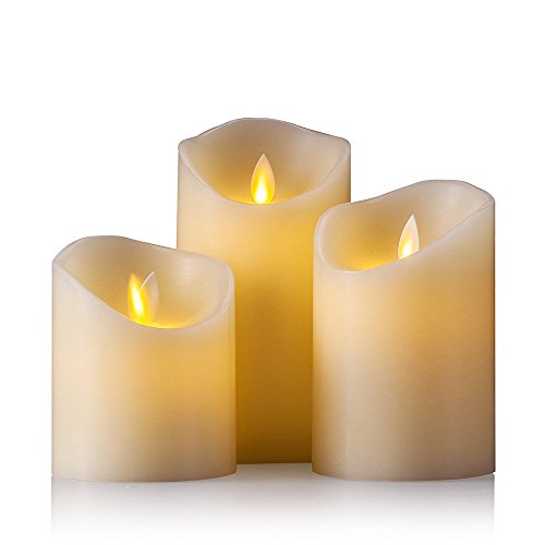 Air Zuker LED Kerzen mit beweglicher Flamme - Echt Flammen Effekt LED Echtwachskerzen mit 10 Key Fernbedienung und Timer [Klassische Stumpenkerze, Elfenbeinfarbe] - 3er Pack