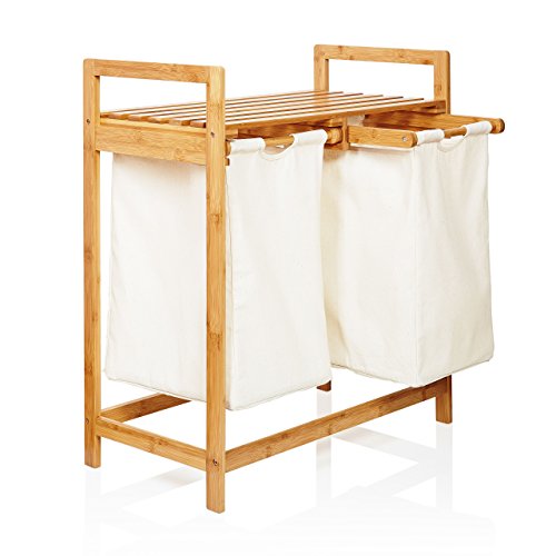 Lumaland Wäschekorb aus Bambus, mit 2 ausziehbaren Wäschesäcken, ca. 73 x 64 x 33 cm