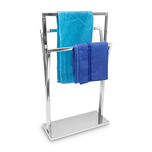 Relaxdays Handtuchständer geschwungen H x B x T: ca. 86 x 50 x 20 cm freistehender Handtuchhalter in Edelstahl-Optik mit 3 Handtuchstangen als Badehandtuchhalter und kleiner Kleiderbutler, silber
