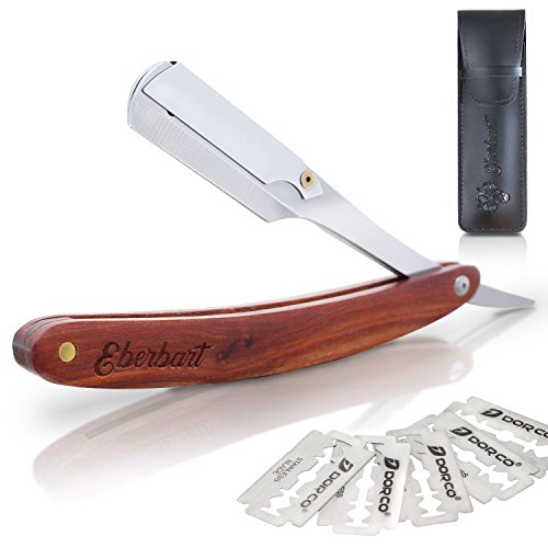 Eberbart Edelstahl Rasiermesser inkl. 10 Klingen + Etui + Gratis-eBook – Präzises Wechselklingenmesser mit hochwertigem Griff aus Rosenholz für eine besonders gründliche Rasur wie beim Barbier