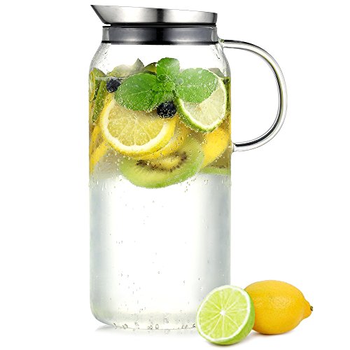 Ecooe Glaskaraffe 1,5 Liter (Volle Kapazität) Glaskrug aus Borosilikatglas Wasserkrug mit Edelstahl Deckel Karaffe Glaskanne
