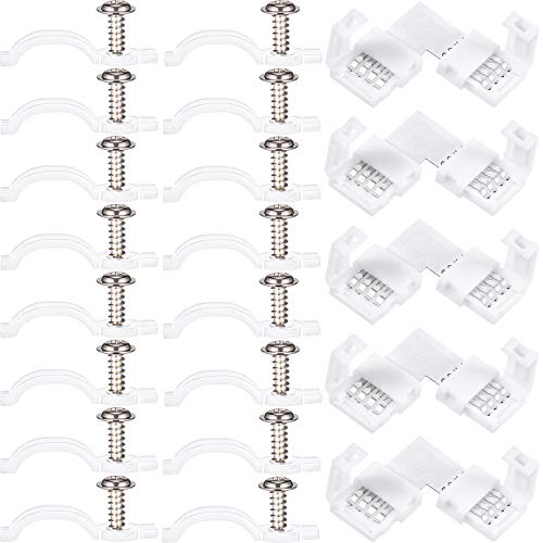 100 Packung Montagehalterung Kit Strip Lichtmontagehalterungen, Befestigungsclips, mit 5 Stück LED Streifen Lichtsteckverbinder, L Form 4 Poliger Stecker, 100 Schrauben enthalten