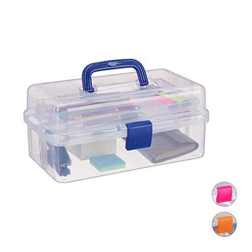 Relaxdays Transparente Plastikbox, 9 Fächer, Werkzeugbox, Nähkästchen, Werkzeugkoffer, Werkzeug, HBT 14x33x19 cm, blau