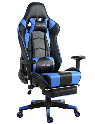 Gaming Stuhl Racing Sessel Bürostuhl Schreibtischstuhl mit Gepolsterte Fußstütze (Schwarz/Blau)