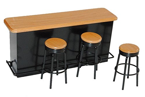 Bar mit 3 Hocker aus Metall / Holz schwarz Miniatur - Maßstab 1:12 - Puppenstube Puppenhaus Miniaturbar - Küche - Küchenmöbel - Diorama Cocktailbar - Cocktails
