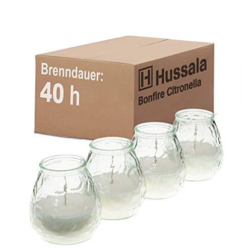 Hussala Bonfire Citronella Duft Kerzen mit Windlicht-Glas (Outdoor & Indoor-Kerze) Brennzeit 40 h - weiß [4 Stück]