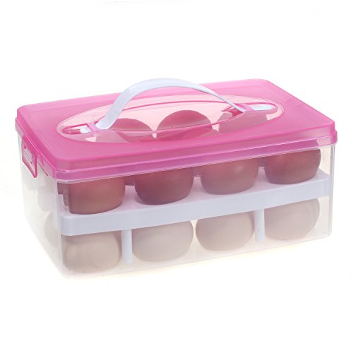 2 Layer Eierhalter für 24 Eier, Eierbehälter Transportbox mit Deckel & Clipverschluss, Eier Aufbewahrungsbox Lagerbehälter Vorratsbox EierBox für Transport, Kühlschrank Küche, Pink, TKD6101 pink