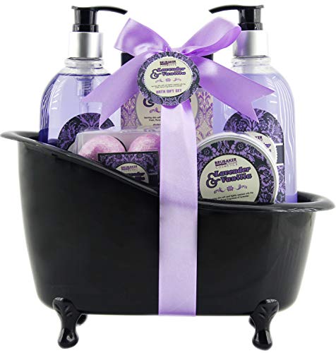 BRUBAKER Bade-Geschenkset Lavendel Vanille mit Deko Badewanne schwarz 8-teilig