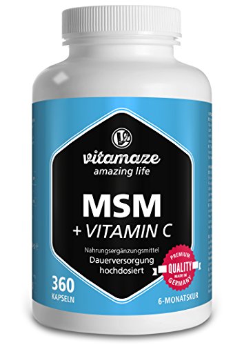 MSM Kapseln mit Vitamin C - 360 Stück für 6 Monate, 1.334 mg Tagesdosis organischer Schwefel, Qualitätsprodukt-Made-in-Germany, Methylsulfonylmethan 99,9 % rein, 30 Tage kostenlose Rücknahme!