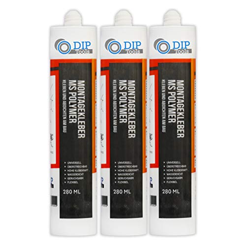 DIP-Tools Montagekleber mit Maximaler Anfangshaftung - Geruchsarmer und Wasserfester Universal Montage Kleber für Innen & Außen - weiß (3, 280ml)