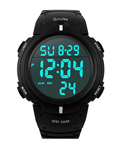 SunJas Armbanduhr Sportuhr 50 Meter Wasserdicht Uhr Digital Led Alarm Kalender Uhren Watches für Herren Männer Damen Frauen Jungen universal Multifunktions-Analog Clock