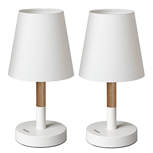 Tomons 2er Set LED Nachttischlampe aus Holz, LED Tischleuchte mit Stoffschirm für Schlafzimmer, Wohnzimmer, Arbeitszimmer, Beistelltisch – Weiß