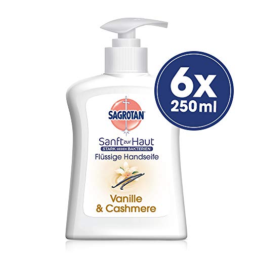Sagrotan Handseife Extra Pflege Vanille & Cashmere – Antibakterielle Cremeseife – 6 x 250 ml Seifenspender im praktischen Vorteilspack
