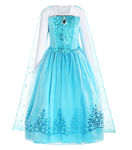 ReliBeauty Mädchen Kleid Prinzessin ELSA Eiskönigin Langarm Falten Pailletten Schneeflocken Kostüm, Hellblau, 122-128(Etikett 130)