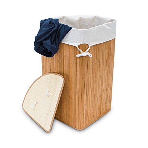 Relaxdays Eckwäschekorb Bambus HxBxT: ca. 65 x 49,5 x 37 cm faltbare Wäschetruhe eckig mit einem Volumen von 64 L mit Wäschesack aus Baumwolle zum Herausnehmen für Ecken und Nischen im Bad, natur