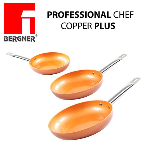Original Chef Copper Plus – Set mit 3 super robusten Kupferpfannen. Durchmesser 20 cm /24 cm / 28 cm innovative Antihaftbeschichtung ohne PFOA – Boden geeignet für Induktionsherd 1165