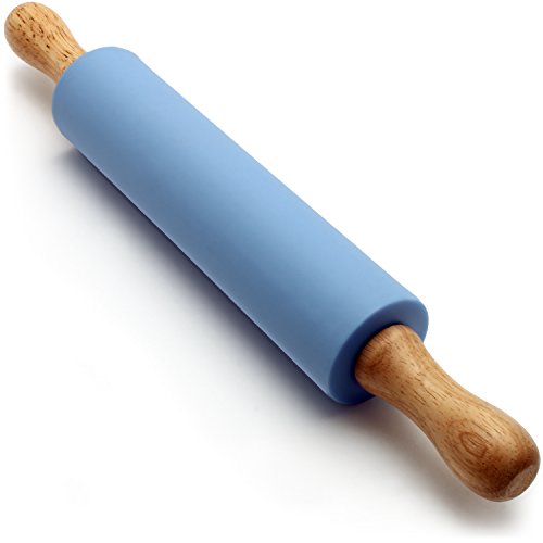 igadgitz Home U6757 Antihaft Silikon Nudelholz Teigroller mit Holzgriffe zum Backen, Pie Crust, Cookies, Fondant, Pizza usw. - Blau, 30 cm