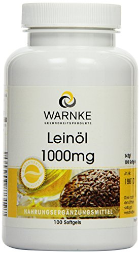 Warnke Gesundheitsprodukte Leinöl 1000 mg, kaltgepresst, 52,6 prozent Alpha-Linolensäure (Omega-3-Fettsäure), 100 Softgels, 1er Pack (1 x 142 g)