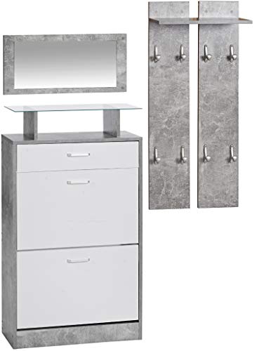 ts-ideen 3er Set Garderobe Spiegel Schuhkipper in Betonoptik Grau Weiß Schuhschrank mit Schublade und Glas