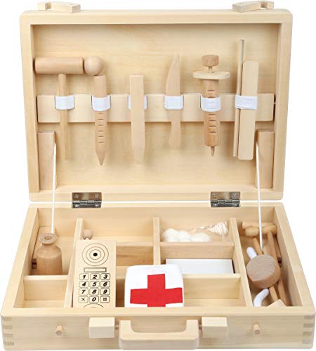 Small Foot 4602 Hochwertiger Kinder Arztkoffer aus Holz, Klassische Naturholz Version komplett mit Zubehör