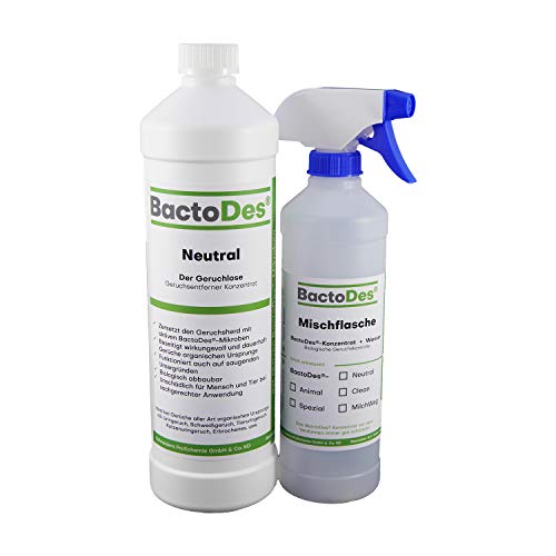 BactoDes Neutral 1l, Tiergeruch Geruchtsentferner Konzentrat inkl. Spray Mischflasche, Geruchsneutral