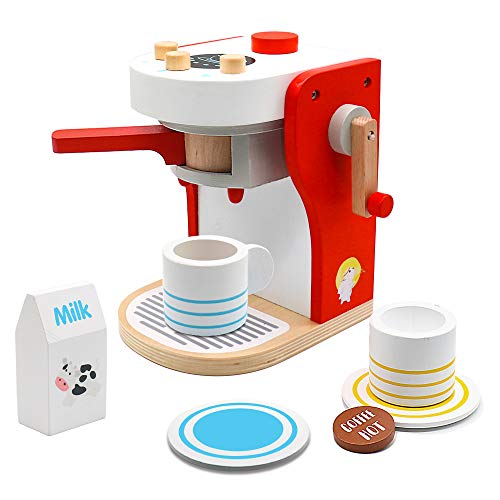 PL Kaffeemaschine Kinder Holz Rollenspiel Holzspielzeug Küche Haushaltsgeräte mit Tasse, Milchbox und Kaffeepad Pädagogisches Spielzeug ab 3 4 5 6 Jahren Junge Mädchen(14.3*12.3*18.5cm)