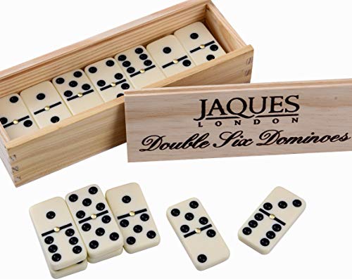 Jaques of London - Double Six Dominoes mit Spinnerinnen - präsentiert in Einer Kieferbox mit Schiebedeckel