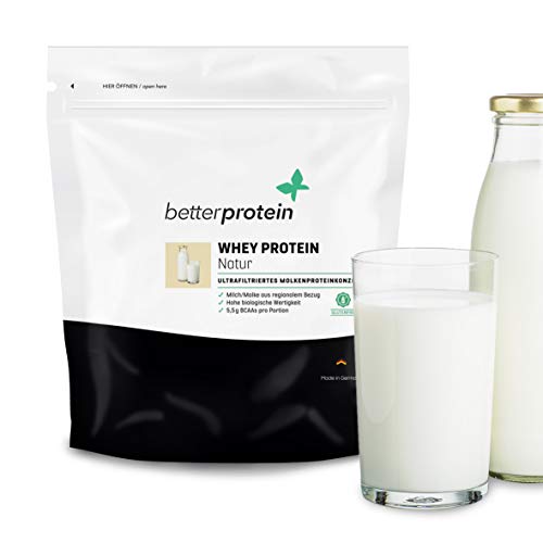 Whey Protein - Natur 1 kg - Hergestellt in Deutschland aus regionaler Produktion - BetterProtein - Eiweißpulver zum Muskelaufbau und Abnehmen - Beutel