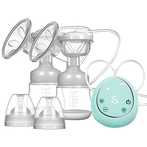 Elektrische Doppel Milchpumpe Brustpumpe, Doppel Muttermilch Abpumpen inkl. Schnuller aus Silikon mit Massage & Absaugung-EINWEG (Grun)