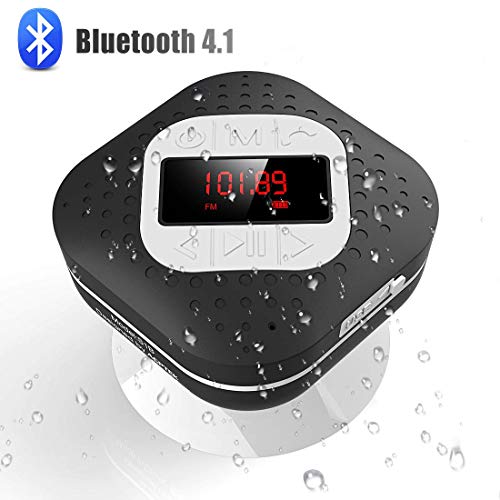 AGPTEK Bluetooth 4.1 Duschradio mit LED Digitalem Bildschirm, Saugnapf, IPX4 Wasserdicht Wireless Funk Lautsprcher mit Wahlwiederholung und Freisprechenfunktion, Schwarz