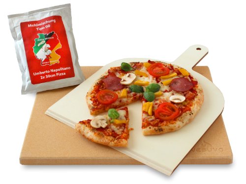 Vesuvo V38301 Pizzastein- / Brotbackbackstein Set für Backofen und Grill / eckig / 38x30 cm / mit Pizzaschaufel und Pizzamehl