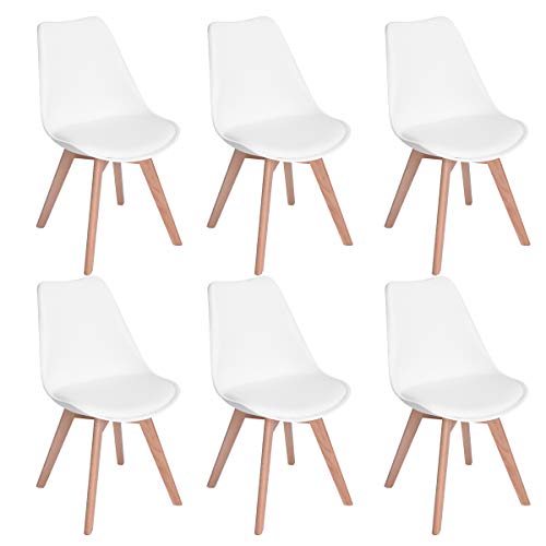 EGGREE 6er Set Esszimmerstühle mit Massivholz Buche Bein, Retro Design Gepolsterter Stuhl Küchenstuhl Holz, Weiß