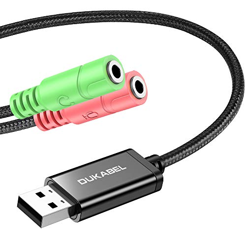 DuKabel Externe USB Soundkarte Adapter für Computer, Laptop und PS4, USB auf zwei 3.5mm Buchse Aux Audio Konverter Kabel für Kopfhörer, Lautsprecher und 3 Pole TRS Mikrofon - Schwarz