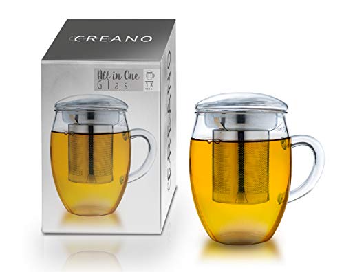 Creano Teeglas All in one 400ml, Große Teetasse mit Edelstahlsieb und Deckel aus Glas, Teebereiter in attraktiver Geschenkverpackung (1x 400ml)