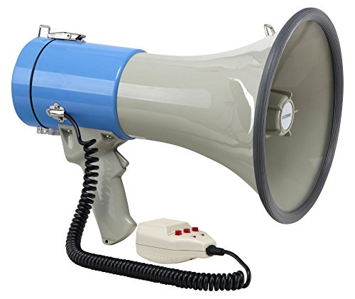 McGrey MP-800HRS Megaphon (Sprachrohr, 25 Watt RMS/80 Watt MAX), bis zu 1000m Reichweite, Handmikrofon, Sirene, Whistle, Aufnahmefunktion, USB/SD/AUX-MP3-Player batteriebetrieben) grau/blau