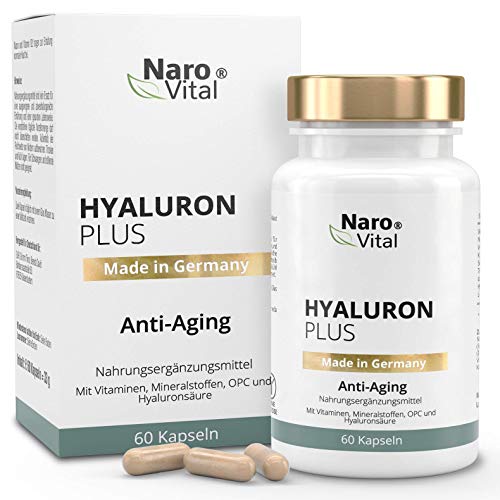 NaroVital Hyaluron Plus - Hochdosiert 553 mg - Anti-Aging & junge Haut - Mit Hyaluronsäure 500-700 kDa, Niacin, Vitamin B2, Kupfer, Selen, OPC, L-Cystein & Vitamin E - Vegan - 60 Kapseln