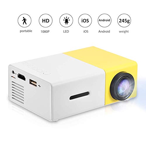 Tragbarer LED Projektor, Mini Full HD Multimedia Beamer Unterstützung AV/USB / HDMI/TF für Home Büro Theater(Weiß und Gelb)