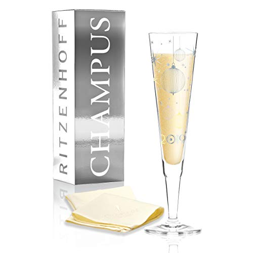 RITZENHOFF Champus Jahrgangs-Champagnerglas 2019 von Concetta Lorenzo, aus Kristallglas, 200 ml, mit edlen Platinanteilen, inkl. Stoffserviette