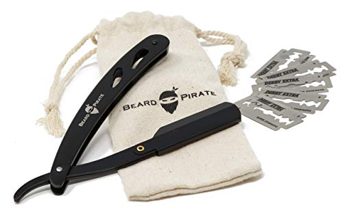 Beard-Pirate Premium Rasiermesser + 10 scharfe Wechselklingen + Transporttasche + Anleitung für eine perfekte Rasur | Rasiermesser Set Herren für Einsteiger & Fortgeschrittene | (Schwarz matt)