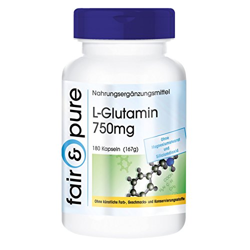 L-Glutamin 750mg, Aminosäure in freier Form, vegan, 180 Kapseln, unterstützt den Muskelaufbau und den Muskelerhalt, fördert das Wohlbefinden des Darms