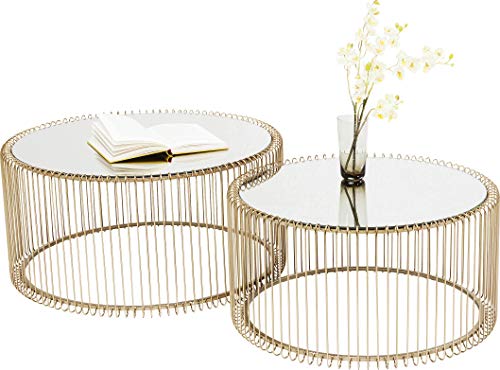KARE Design Couchtisch Wire Gold 2er Set, runder, moderner Glastisch, großer Beistelltisch, Kaffeetisch, Nachttisch, Gold (H/B/T) 30,5xØ60cm & 33,5xØ69,5cm