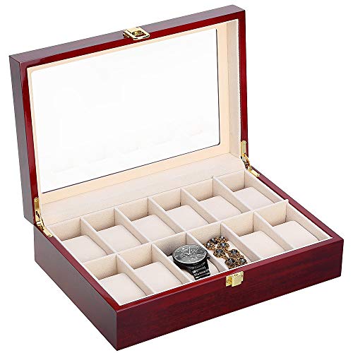 Uhrenbox für 6 Holz Uhrenkasten Uhrenkoffer Schmuckkasten Damen Herren mit Glasanzeige Oberseite …