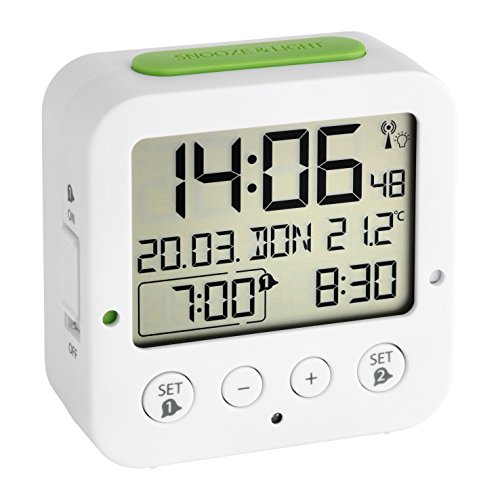 TFA Dostmann 60.2528.02 Bingo Funk-Wecker, mit autom. Hintergrundbeleuchtung, Datum, Temperaturanzeige und zwei Weckzeiten, weiß/grün