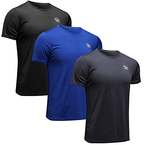 MEETWEE Sportshirt Herren, Laufshirt Kurzarm Mesh Funktionsshirt Atmungsaktiv Kurzarmshirt Sports Shirt Trainingsshirt für Männer, Schwarz+grau+blau, L