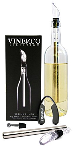 Weinkühler Set von VINENCO + Folienschneider, Edelstahl-Stopper & Aufbewahrungsbeutel – Premium 3-in-1 Flaschenkühler mit Dekantier-Ausgießer und Edelstahl-Kühlstab