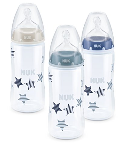 NUK 10225121 First Choice Plus Flaschen-Set Boy, limitierte Edition, 3 Babyflaschen 300 ml, Silikon-Trinksauger, 0-6 Monate, blau