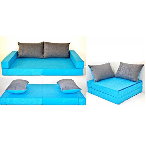 KK B1 blau-grau Kindersofa Kindermatratze Sitzkissen Spielsofa Minicouch Set + 2 Kissen (KK B1 (blau-grau))