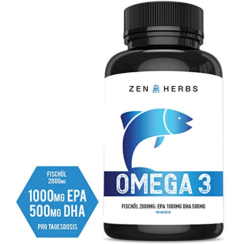 Omega 3 Kapseln - Hochdosiert Fischöl 2000mg mit 1000mg EPA & 500mg DHA pro Tagesdosis - Hohe Stärke - Frei von Gentechnik und Gluten - Hergestellt in Deutschland - 100 Kapseln