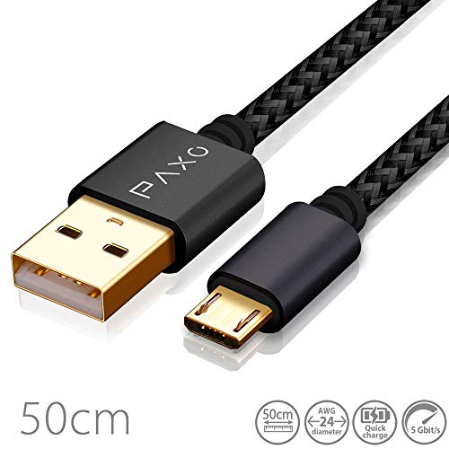 50cm Nylon Micro USB Kabel schwarz, USB auf Mikro USB Ladekabel, Goldstecker und geflochtenes Kabel (Braided), 0,5m